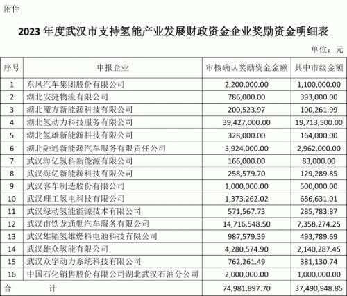 7500萬元 武漢公布氫能產業(yè)扶持資金結果