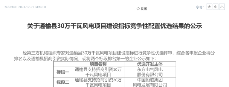 中船風電、東方風電獲風電項目競配指標